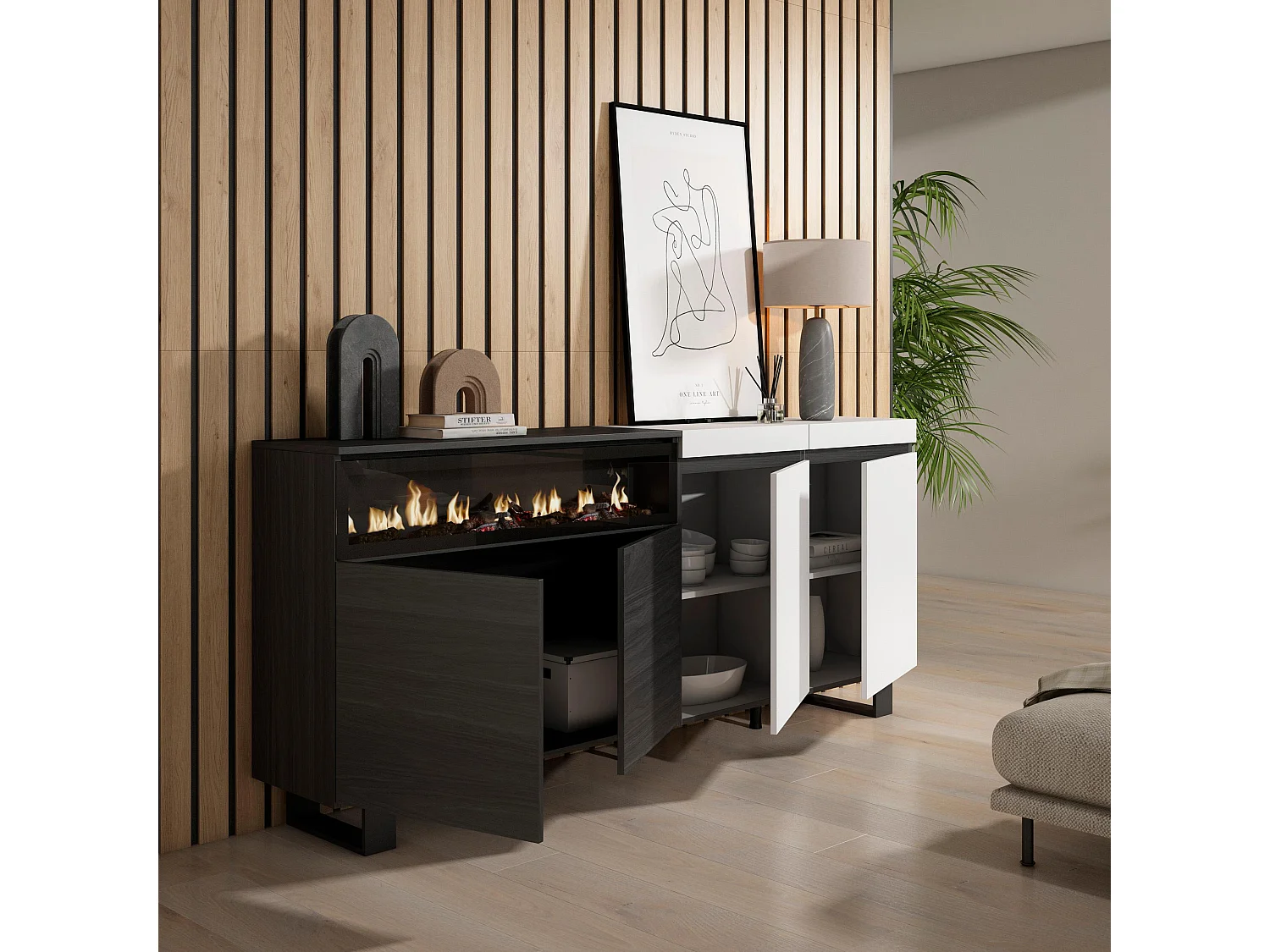 Sideboard, Highboard, 200x35x87cm, 4 Türen, Elektrokamin, Industriedesign, Weiß und Schwarz