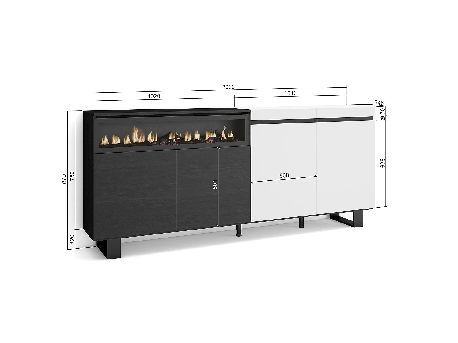 Sideboard, Highboard, 200x35x87cm, 4 Türen, Elektrokamin, Industriedesign, Weiß und Schwarz