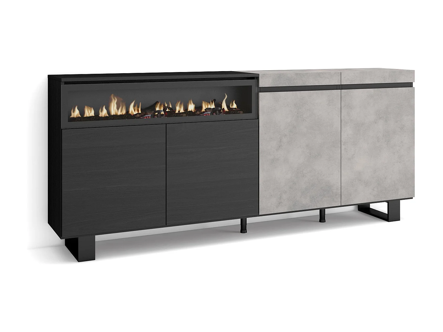 Buffet salon et cuisine, 200x35x87cm, 4 Portes, Cheminée électrique, Design industriel, Ciment