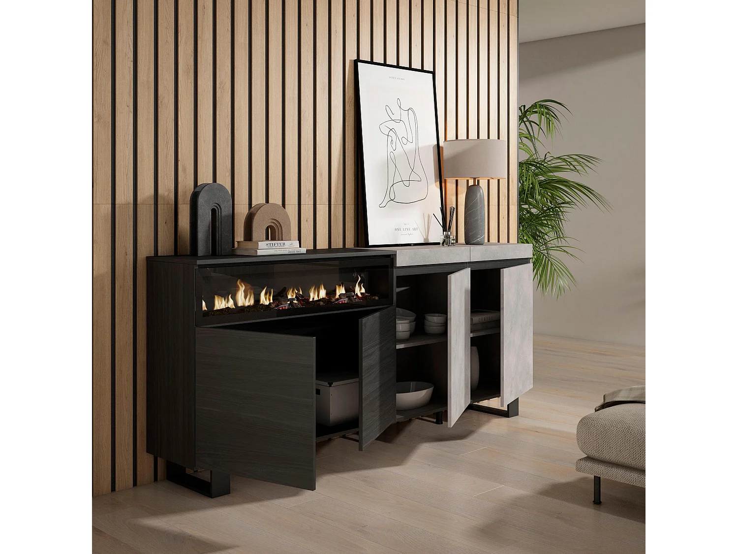 Buffet salon et cuisine, 200x35x87cm, 4 Portes, Cheminée électrique, Design industriel, Ciment