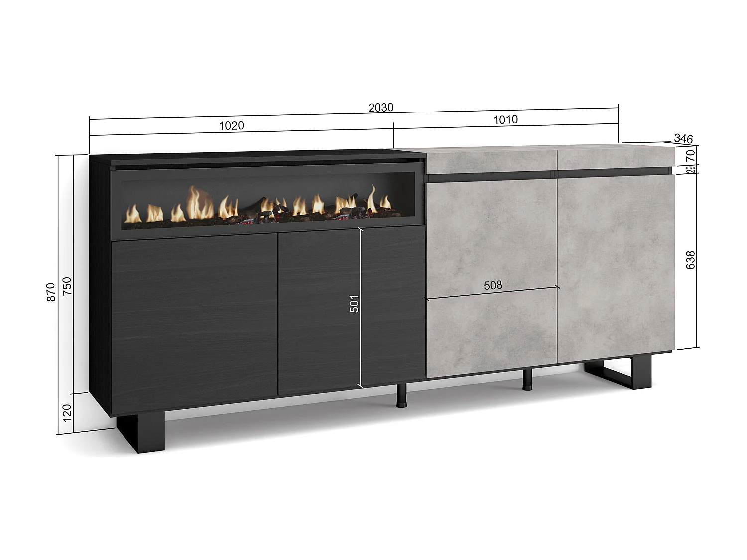 Buffet salon et cuisine, 200x35x87cm, 4 Portes, Cheminée électrique, Design industriel, Ciment