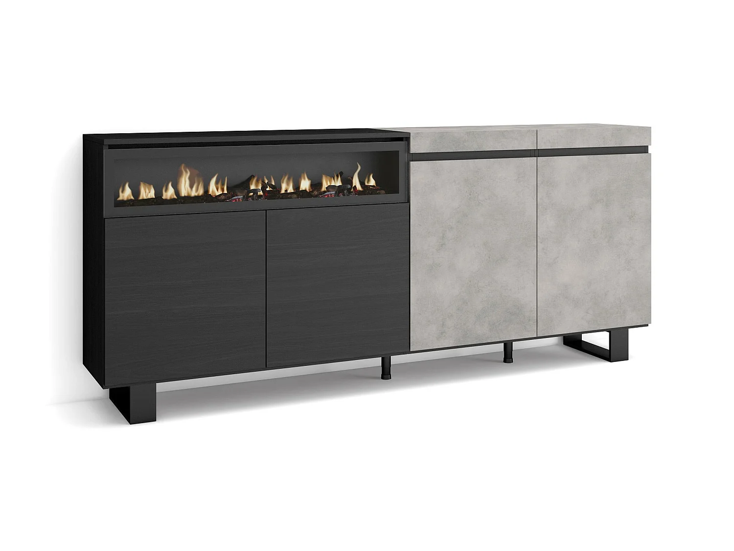 Buffet salon et cuisine, 200x35x87cm, 4 Portes, Cheminée électrique, Design industriel, Ciment