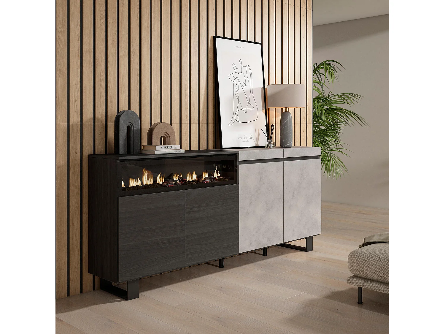 Dressoir, Opbergkast, 200x35x87cm, 4 Deuren, Elektrische haard, Industrieel design, Cement