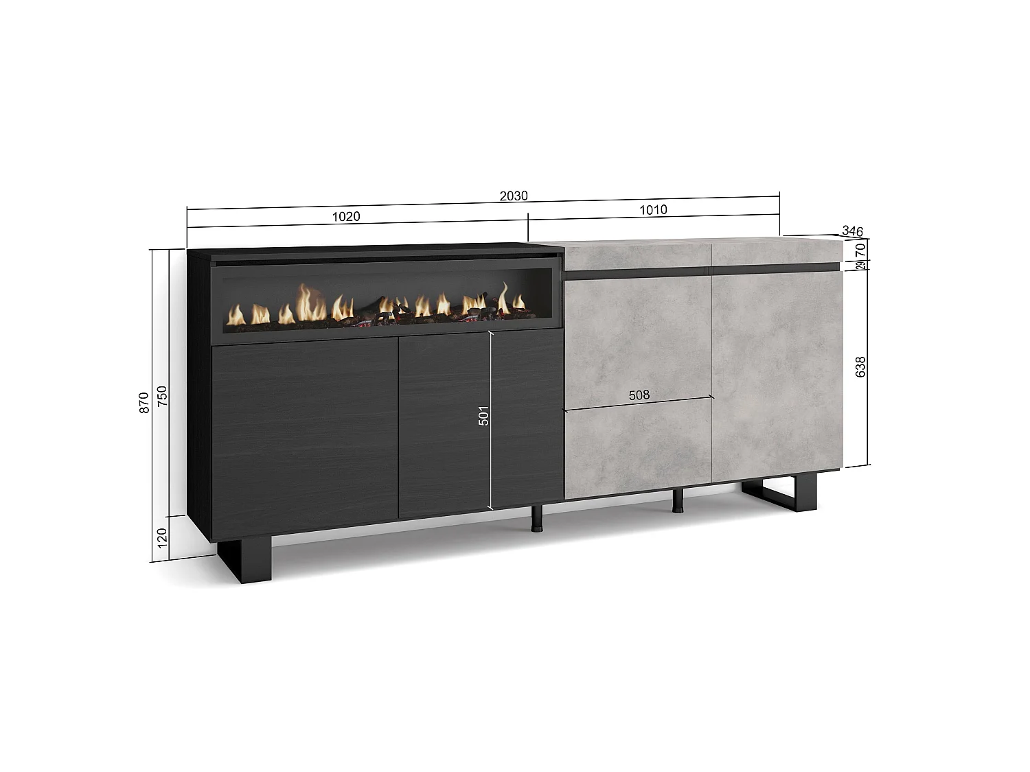 Dressoir, Opbergkast, 200x35x87cm, 4 Deuren, Elektrische haard, Industrieel design, Cement