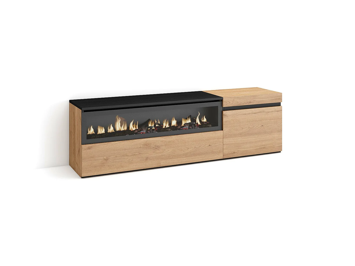 Meuble TV, Banc Télé, 150x35x45cm, Pour les TV jusqu'à 65", Cheminée électrique, Chêne et noir