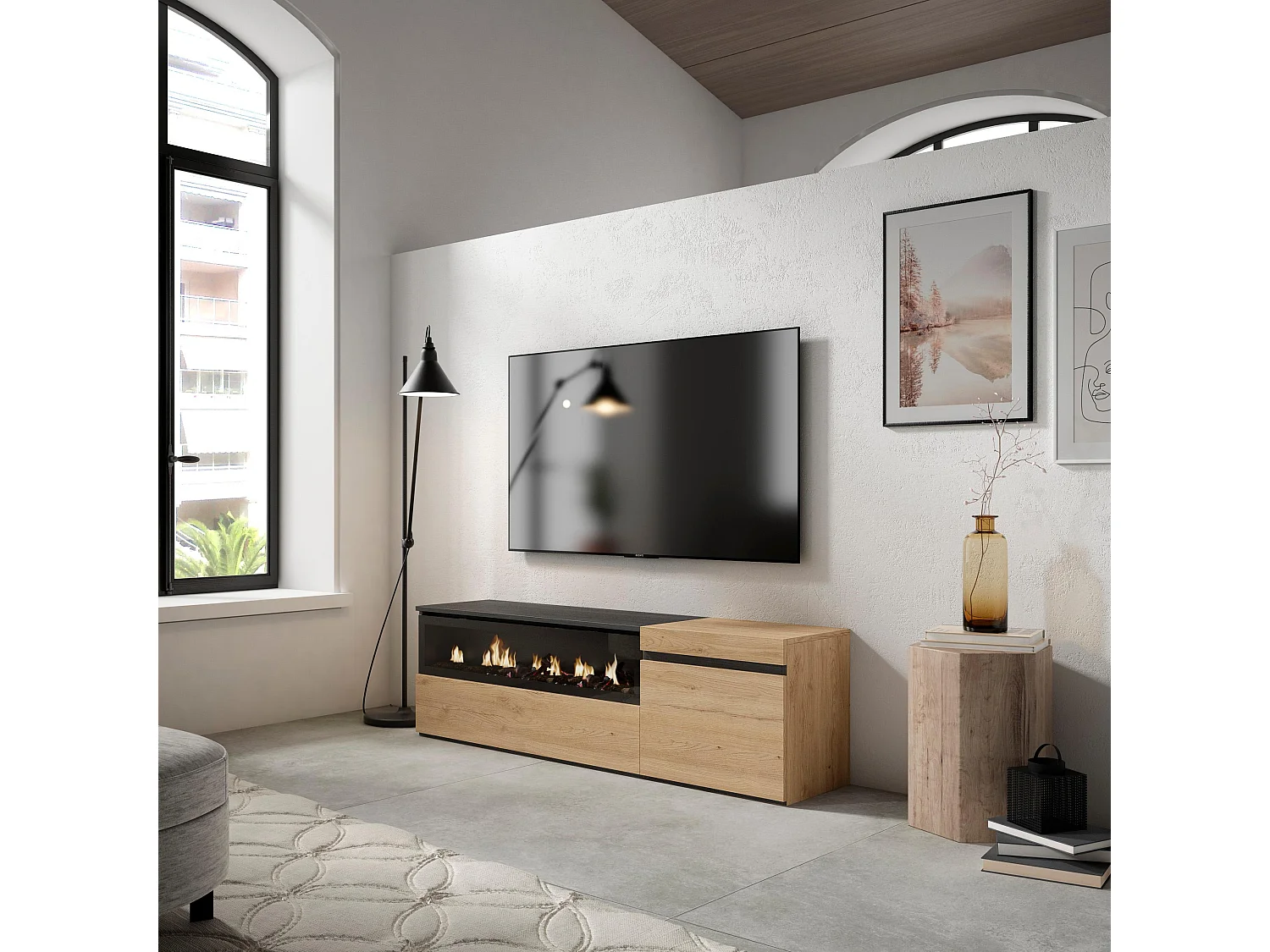 Meuble TV, Banc Télé, 150x35x45cm, Pour les TV jusqu'à 65", Cheminée électrique, Chêne et noir