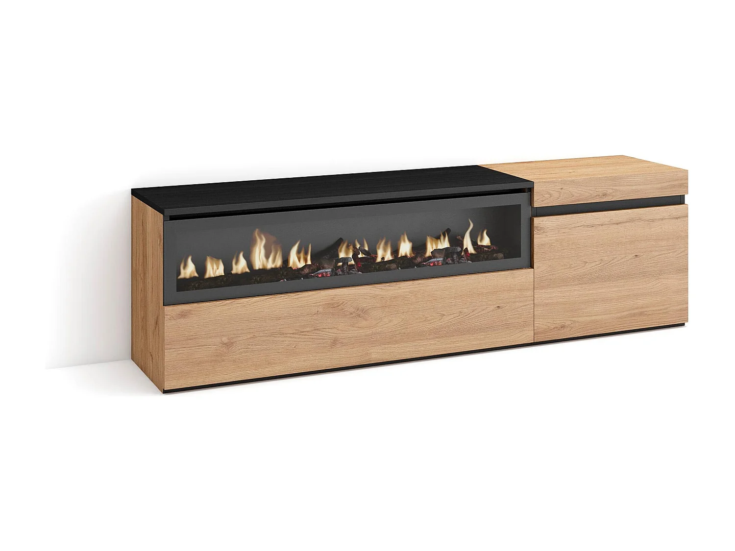 Meuble TV, Banc Télé, 150x35x45cm, Pour les TV jusqu'à 65", Cheminée électrique, Chêne et noir