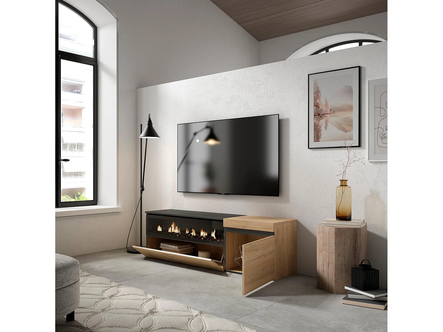 TV-Schrank, Lowboard, 150x35x45cm, Für TV-Geräte bis zu 65", Elektrokamin, Eiche Schwarz