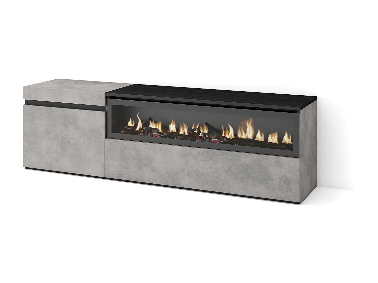 TV-Schrank, Lowboard, 150x35x45cm, Für TV-Geräte bis zu 65", Elektrokamin, Zement