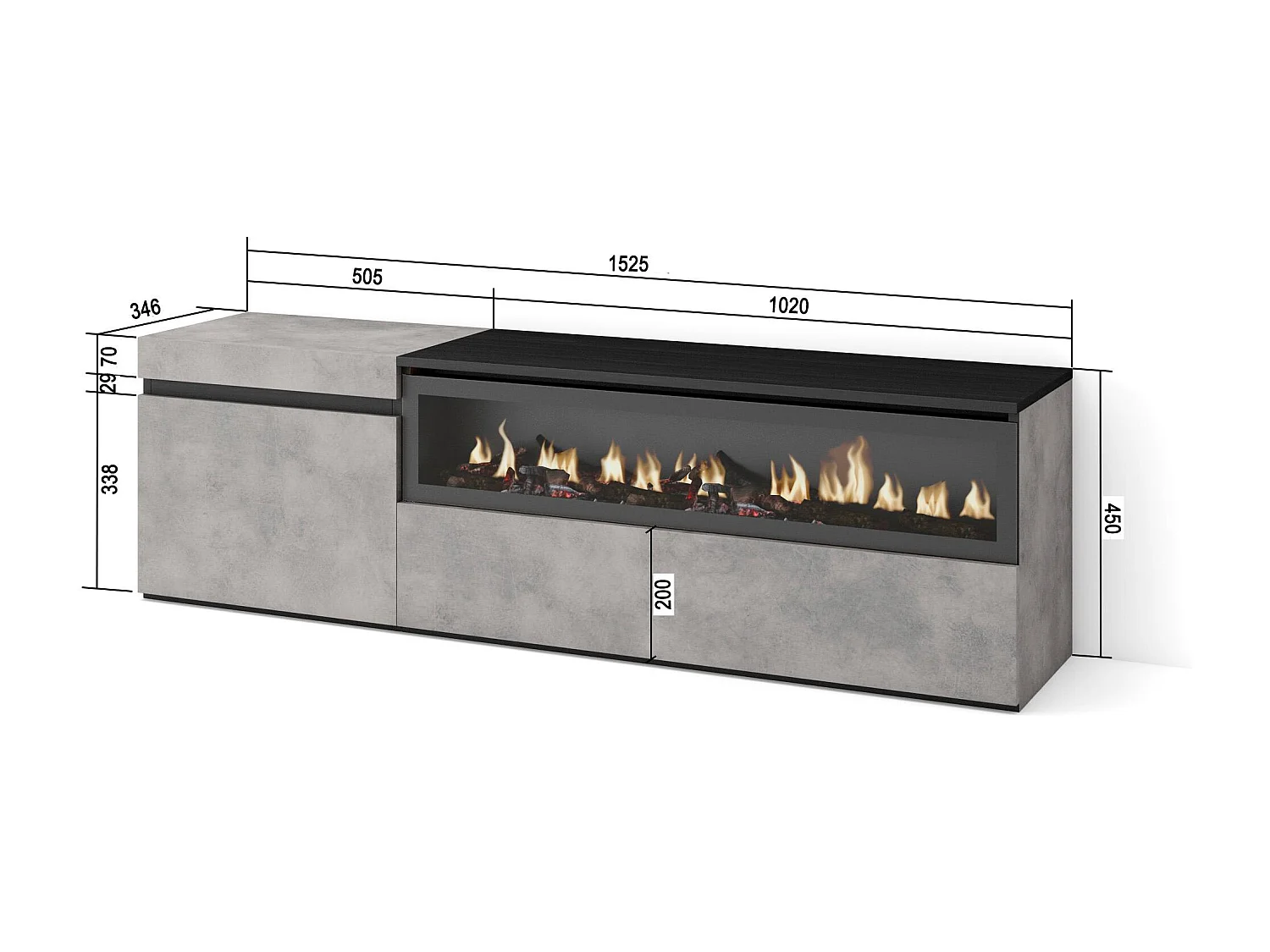 TV-Schrank, Lowboard, 150x35x45cm, Für TV-Geräte bis zu 65", Elektrokamin, Zement