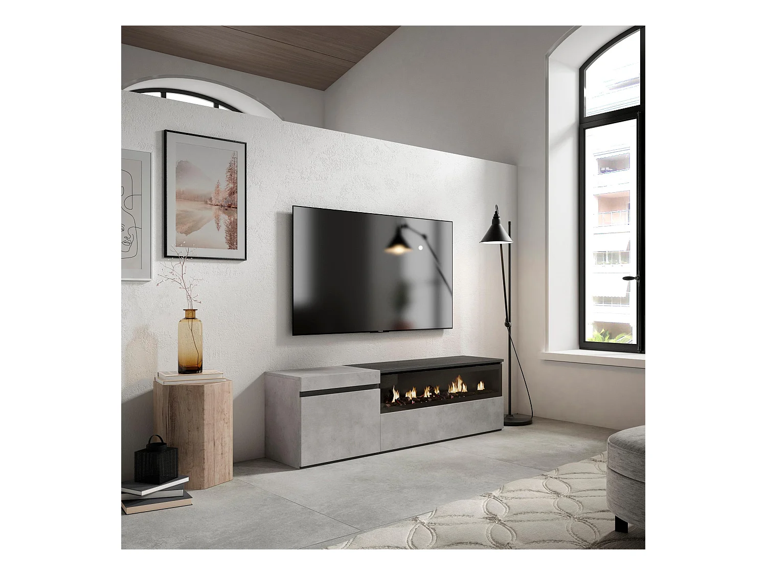 TV-Meubel, Lowboard, 150x35x45cm, Voor tv's tot 65", Elektrische haard, Cement