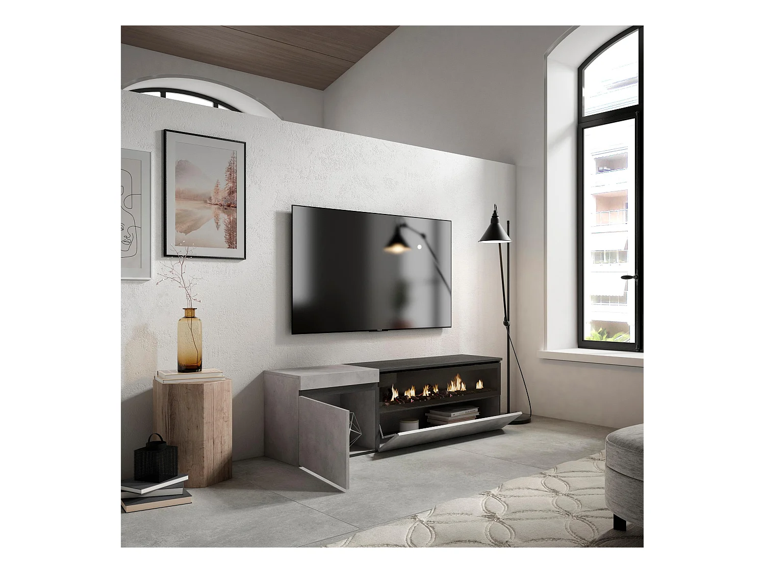 TV-Meubel, Lowboard, 150x35x45cm, Voor tv's tot 65", Elektrische haard, Cement