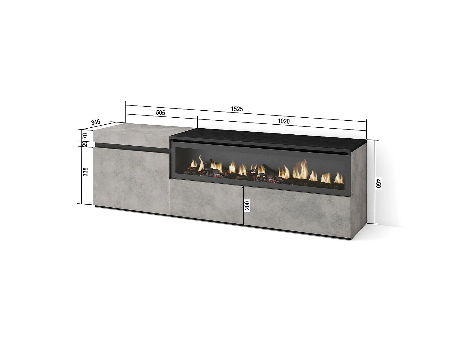 TV-Meubel, Lowboard, 150x35x45cm, Voor tv's tot 65", Elektrische haard, Cement