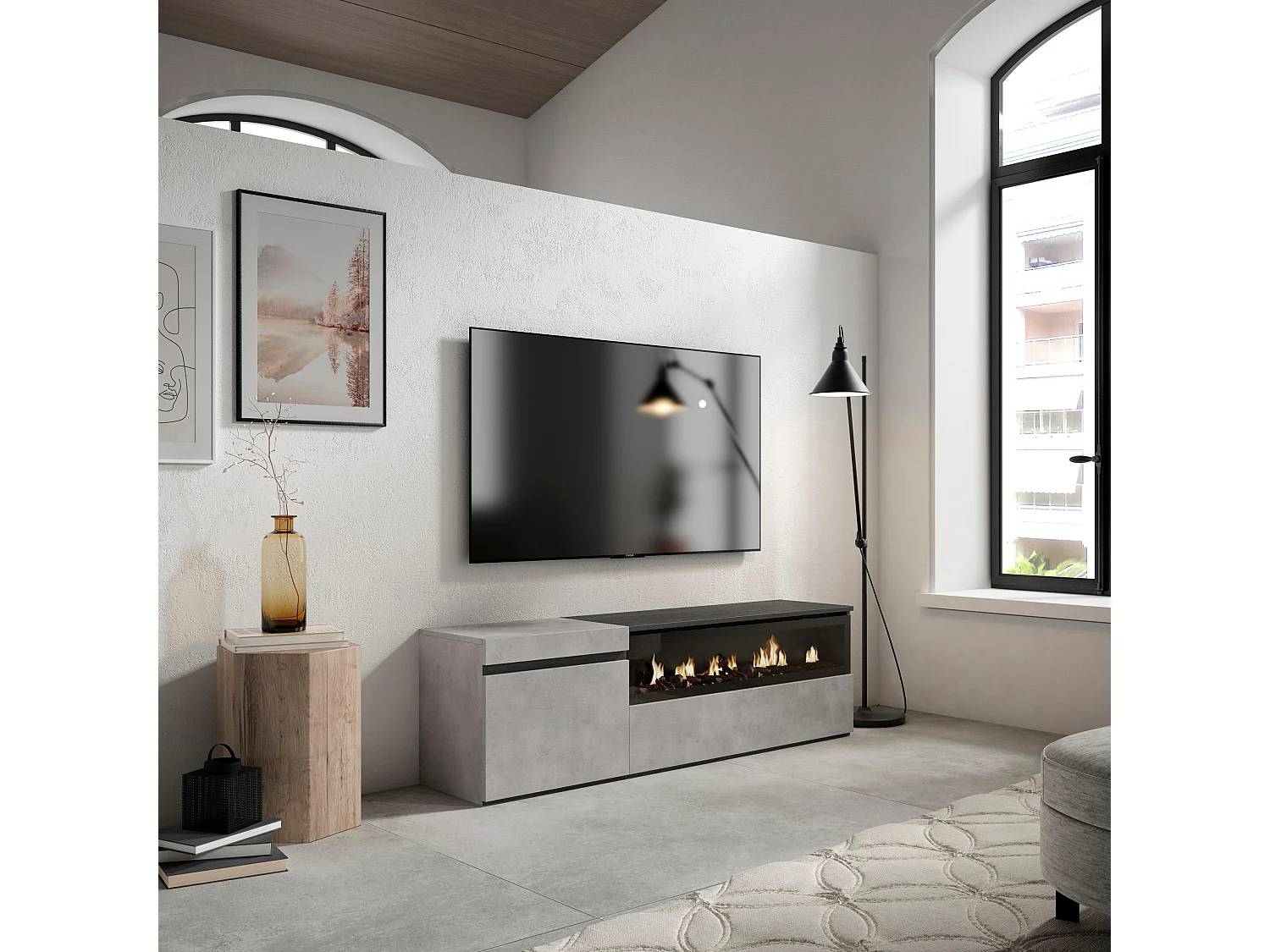 Meuble TV, Banc Télé, 150x35x45cm, Pour les TV jusqu'à 65", Cheminée électrique, Ciment