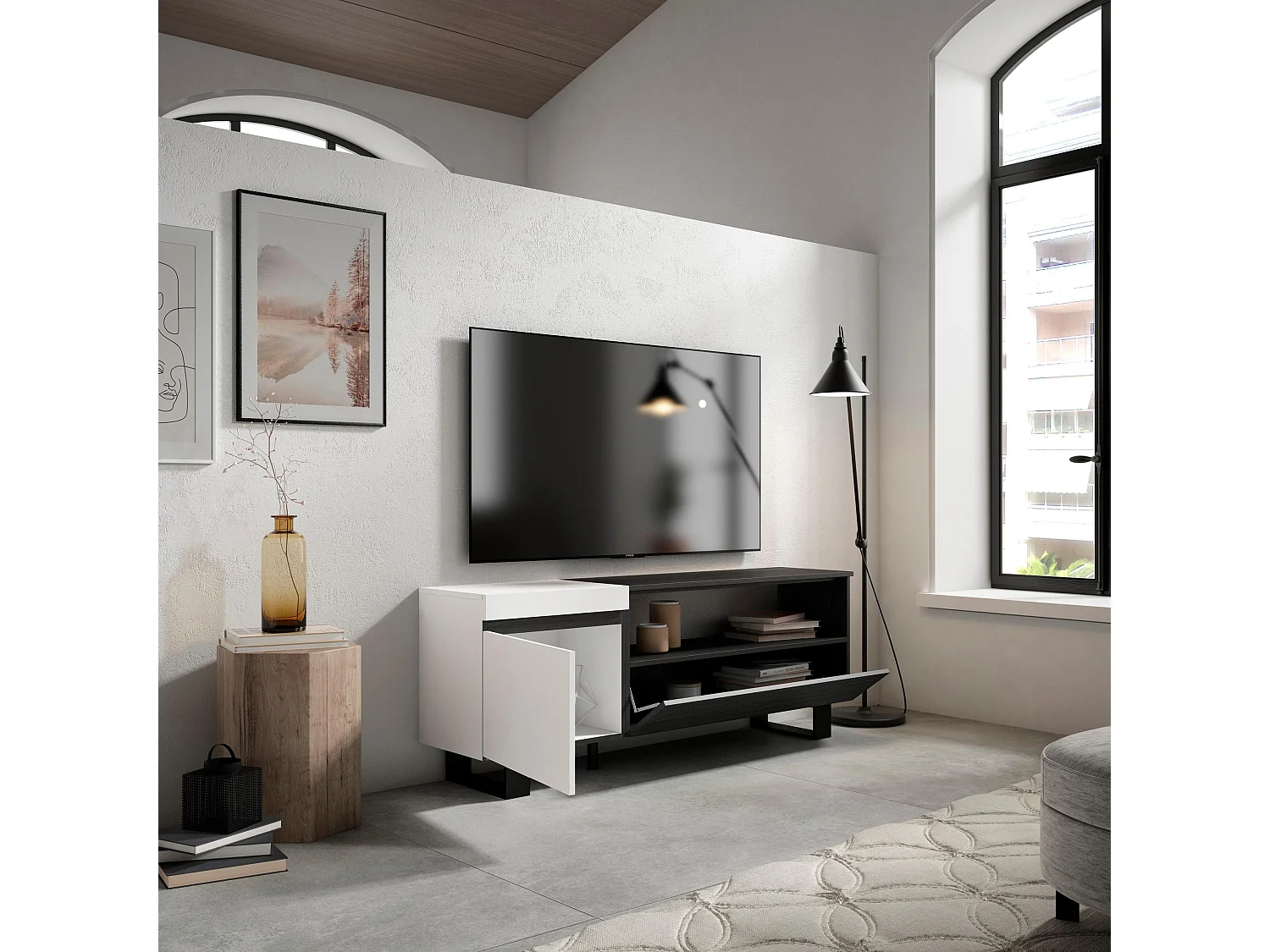 TV-Schrank, Lowboard, 150x35x57cm, Für TV-Geräte bis zu 65", Industriedesign, Weiß und Schwarz