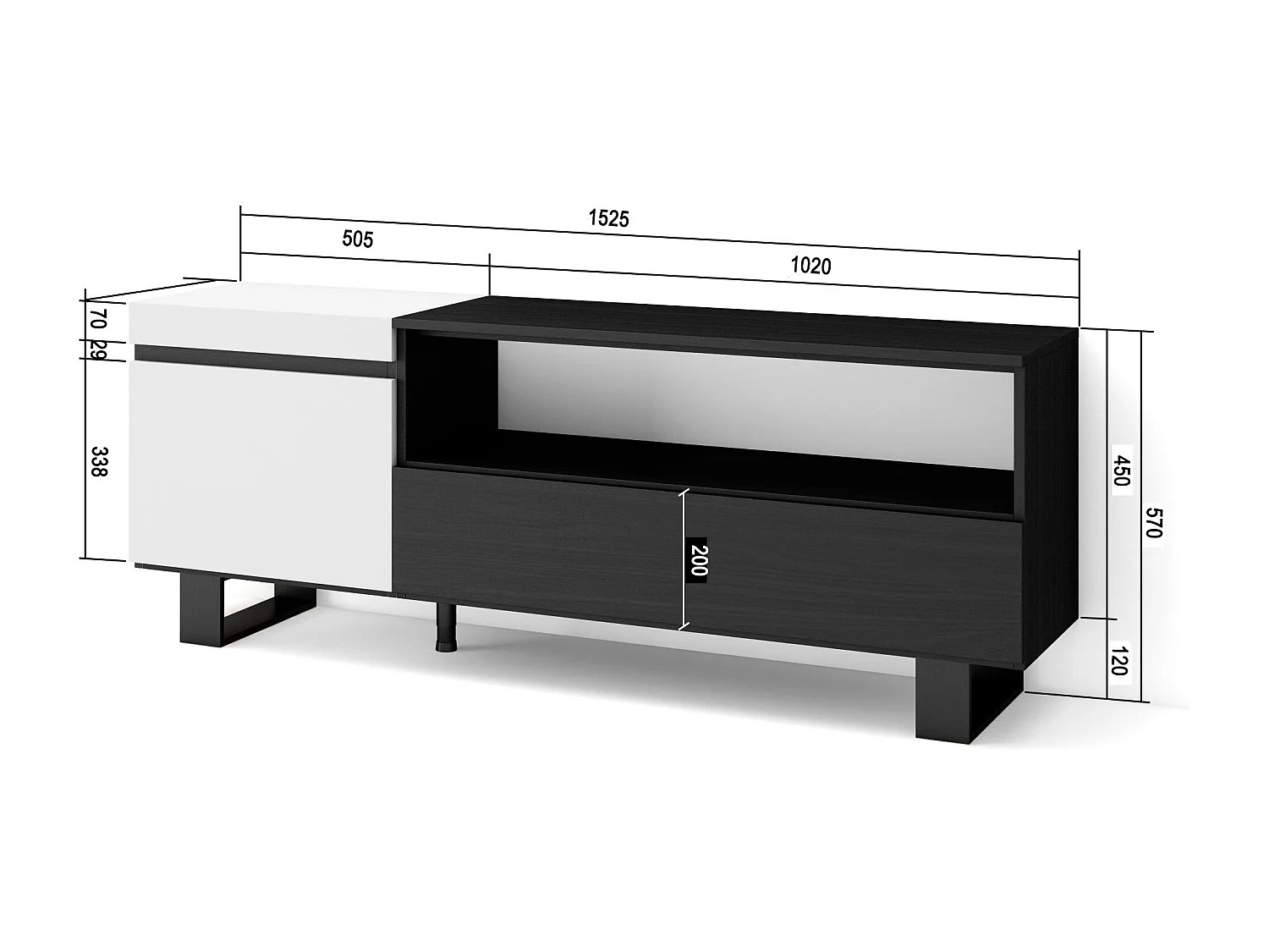 TV-Schrank, Lowboard, 150x35x57cm, Für TV-Geräte bis zu 65", Industriedesign, Weiß und Schwarz