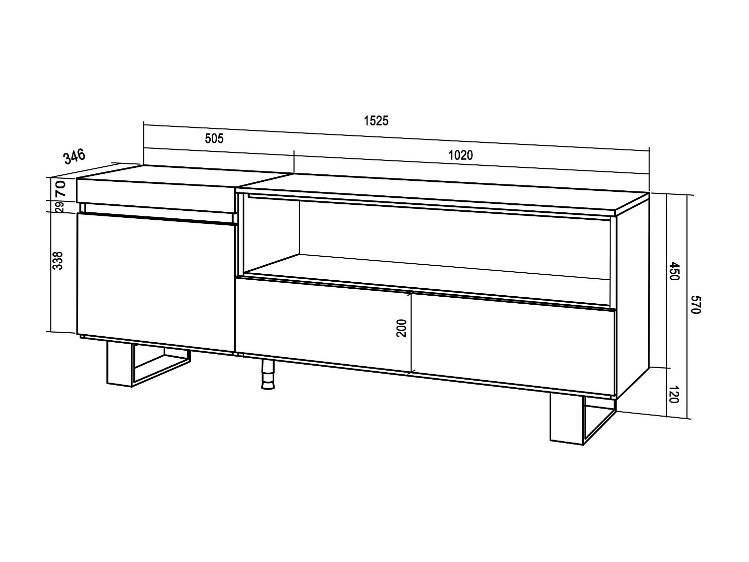 Meuble TV, Banc Télé, 150x35x57cm, Pour les TV jusqu'à 65", Design industriel, Blanc et noir