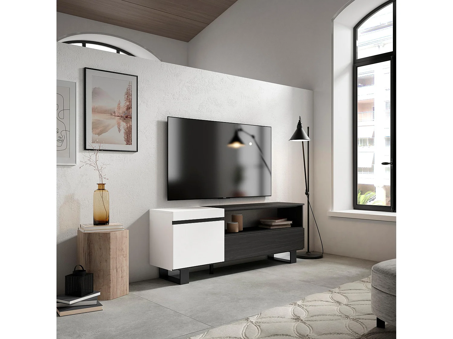 TV-Schrank, Lowboard, 150x35x57cm, Für TV-Geräte bis zu 65", Industriedesign, Weiß und Schwarz