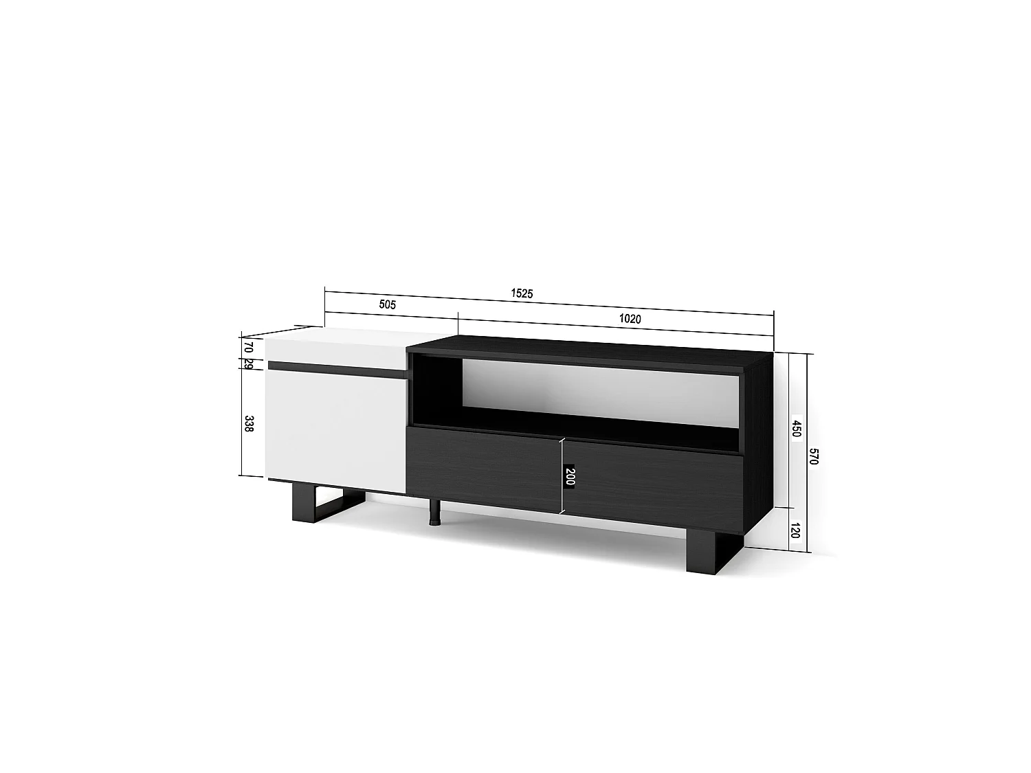 TV-Schrank, Lowboard, 150x35x57cm, Für TV-Geräte bis zu 65", Industriedesign, Weiß und Schwarz
