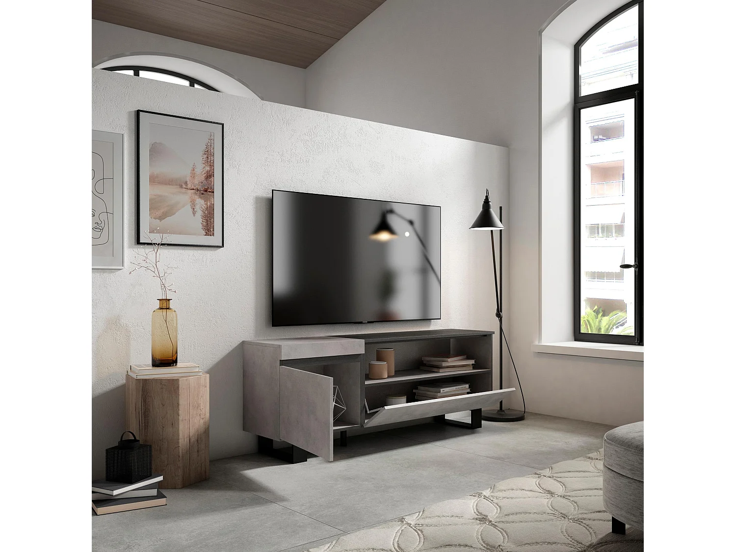 Móvel de TV, 150x35x57cm, Para televisores até 65", Design industrial, Cimento