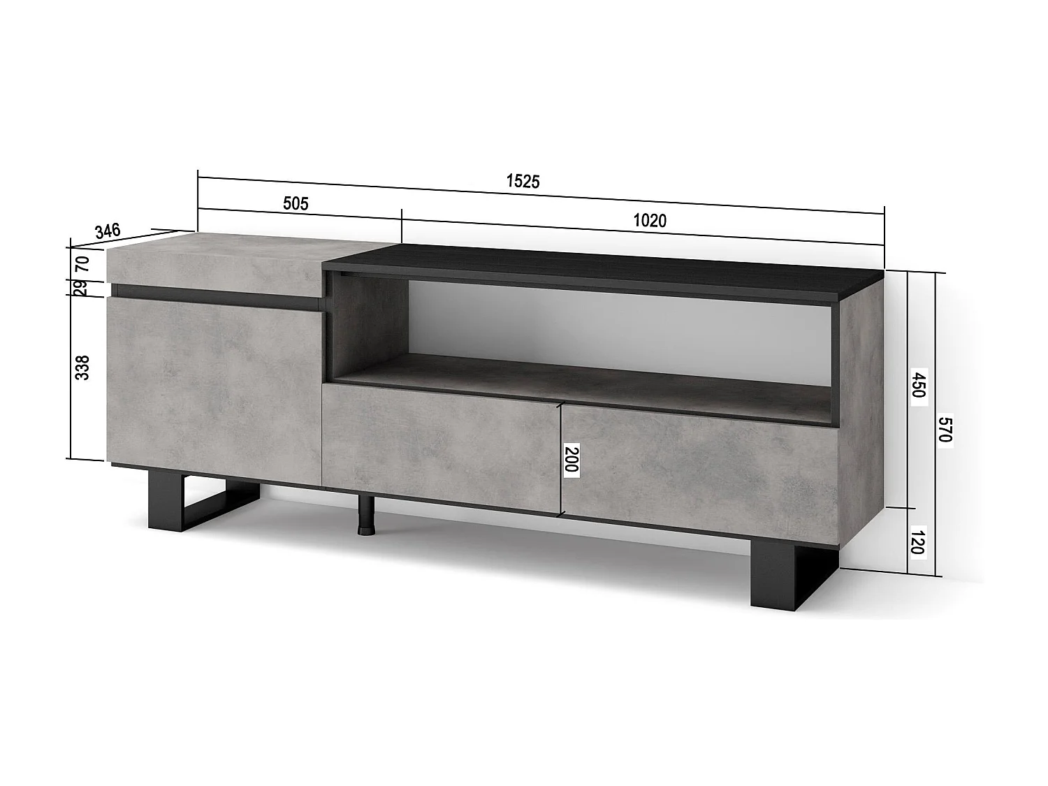 Meuble TV, Banc Télé, 150x35x57cm, Pour les TV jusqu'à 65", Design industriel, Ciment