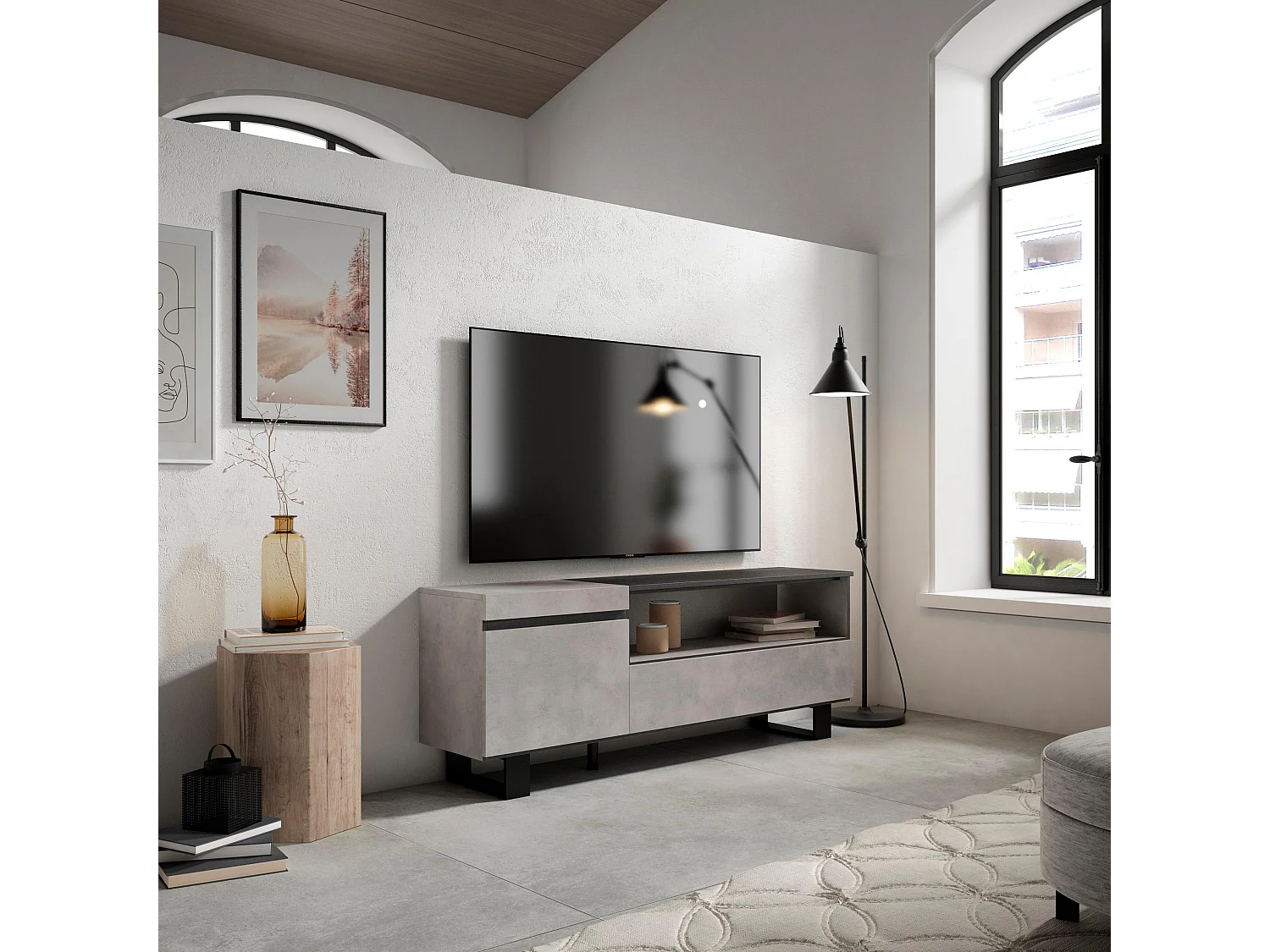 Mueble TV, Televisión, 150x35x57cm, Para TV hasta 65", Diseño industrial, Cemento