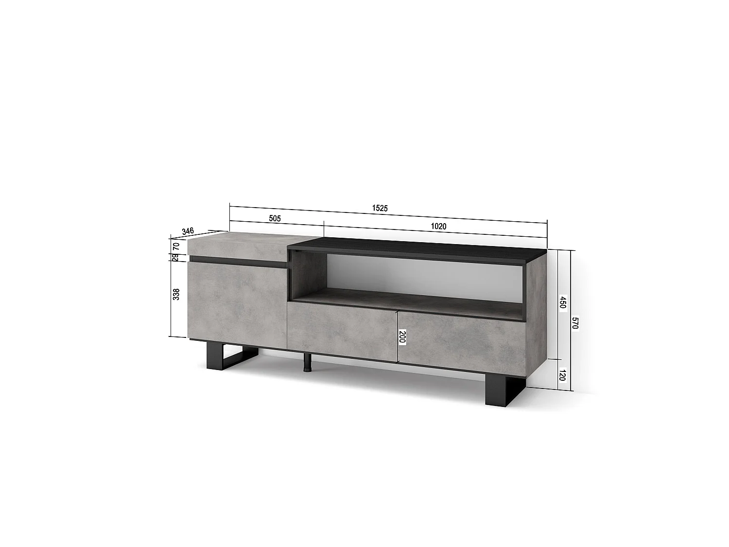 Mueble TV, Televisión, 150x35x57cm, Para TV hasta 65", Diseño industrial, Cemento