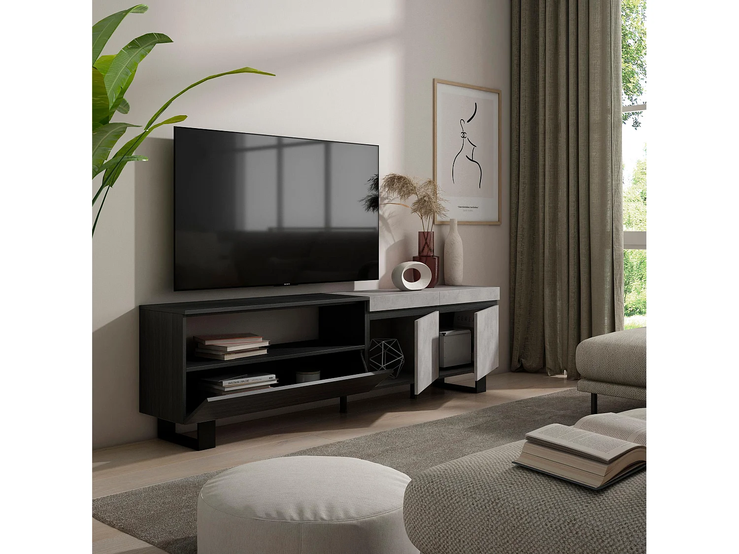 Meuble TV, Banc Télé, 200x35x57cm, Pour les TV jusqu'à 80", Design industriel, Ciment