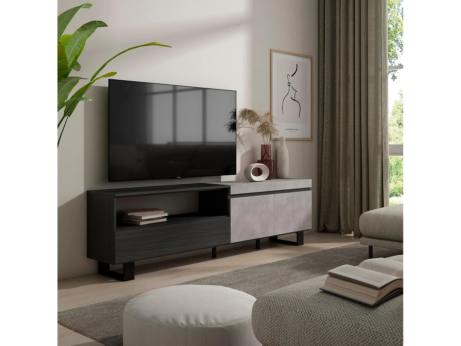 TV-Meubel, Lowboard, 200x35x57cm, Voor tv's tot 80", Industrieel design, Cement