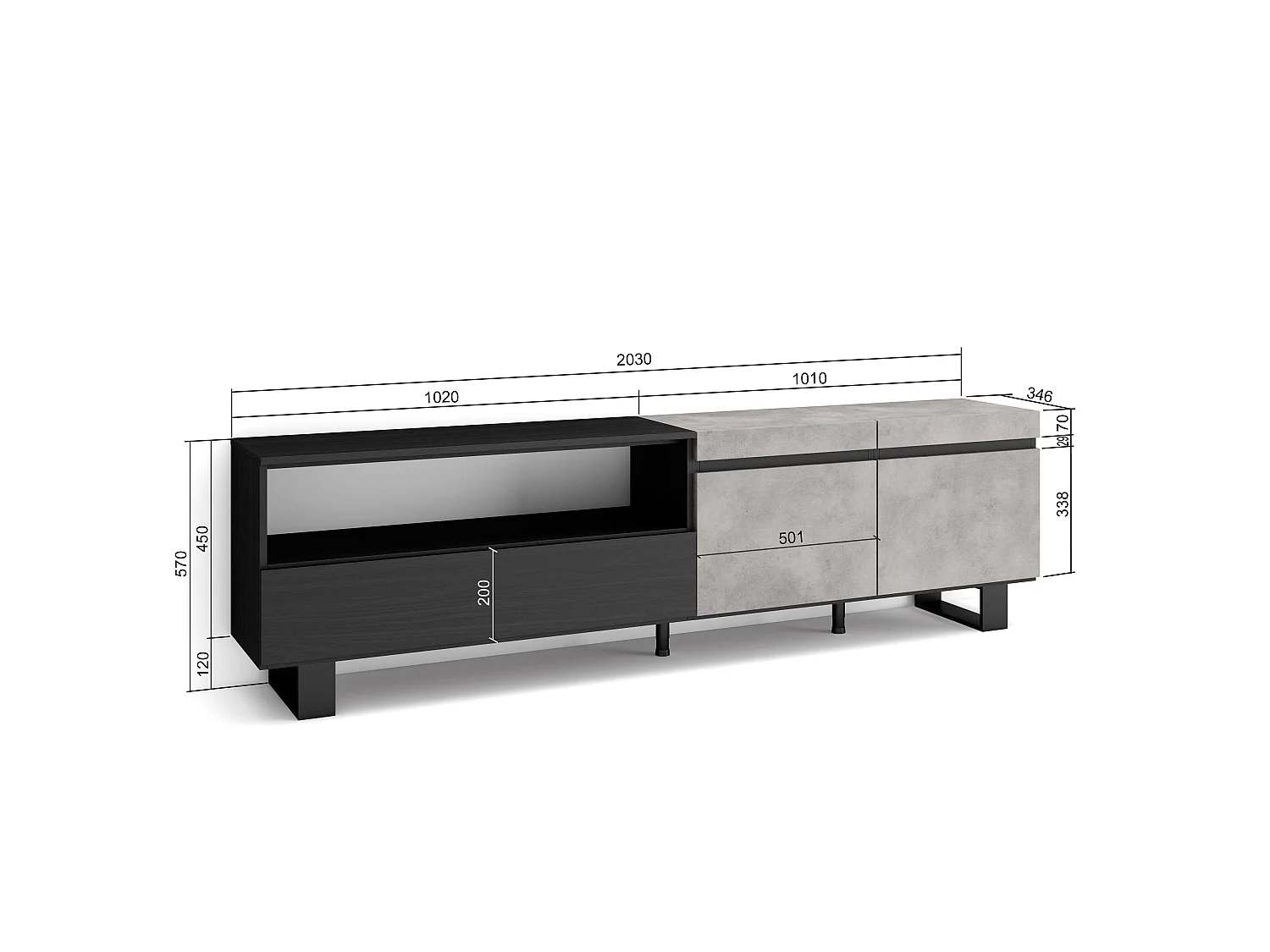 TV-Meubel, Lowboard, 200x35x57cm, Voor tv's tot 80", Industrieel design, Cement