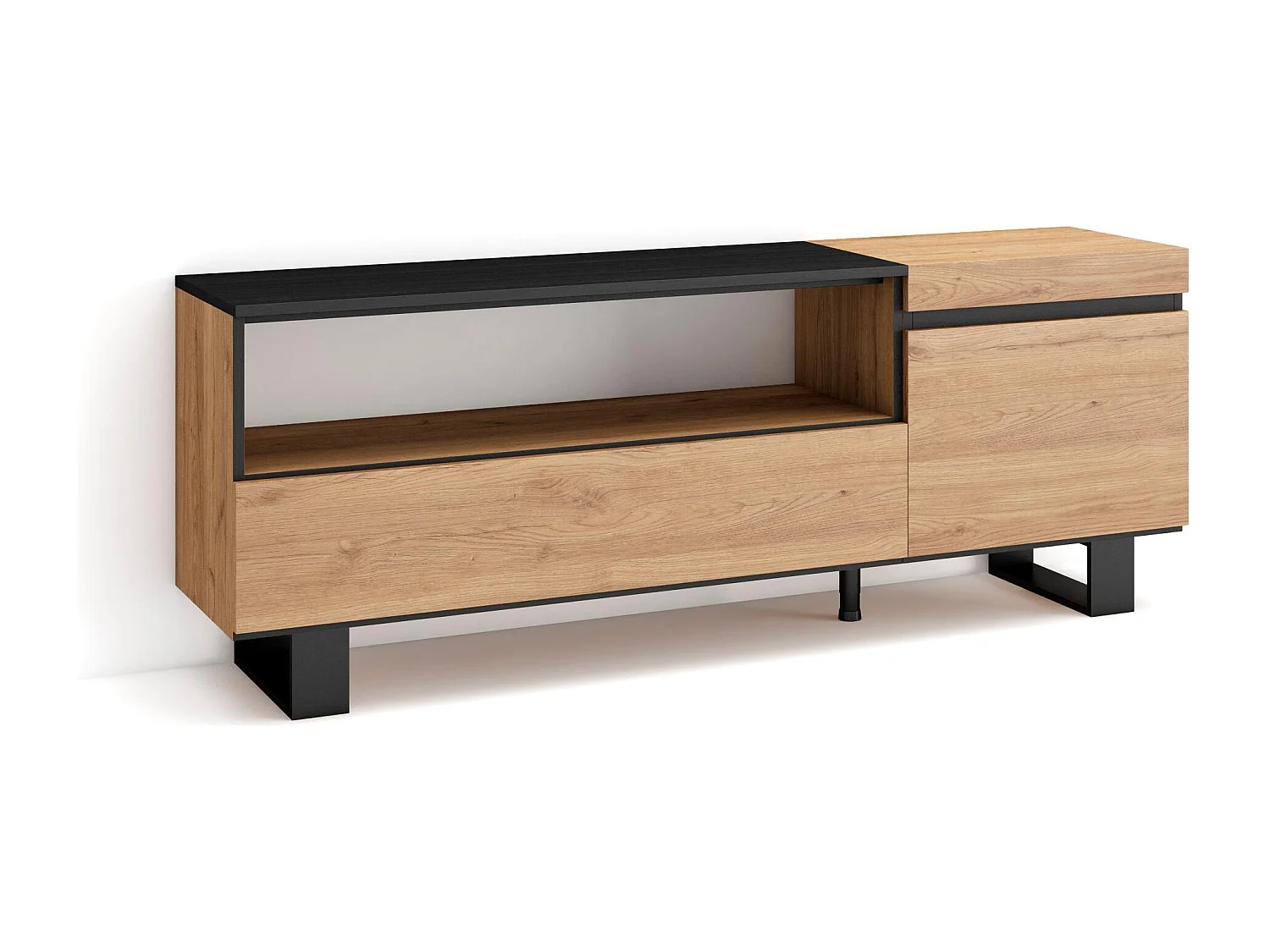 Mueble TV, Televisión, 150x35x57cm, Para TV hasta 65", Diseño industrial, Roble y negro