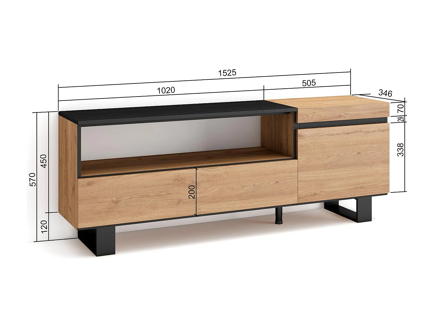 Mueble TV, Televisión, 150x35x57cm, Para TV hasta 65", Diseño industrial, Roble y negro