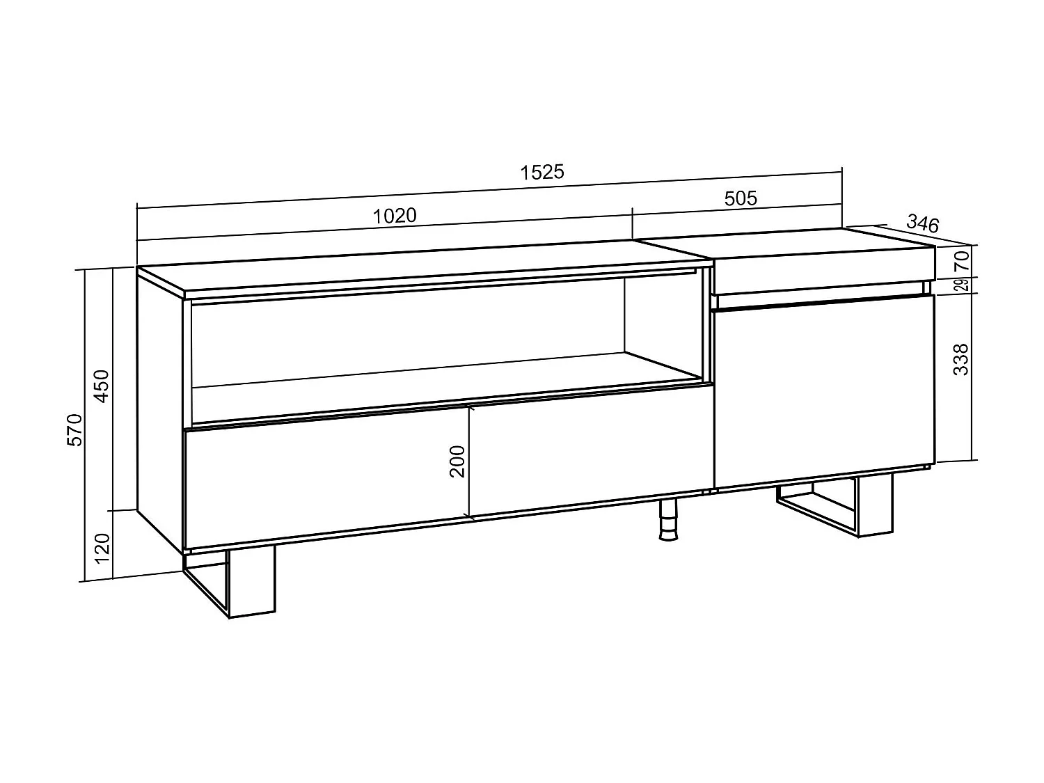 Mueble TV, Televisión, 150x35x57cm, Para TV hasta 65", Diseño industrial, Roble y negro
