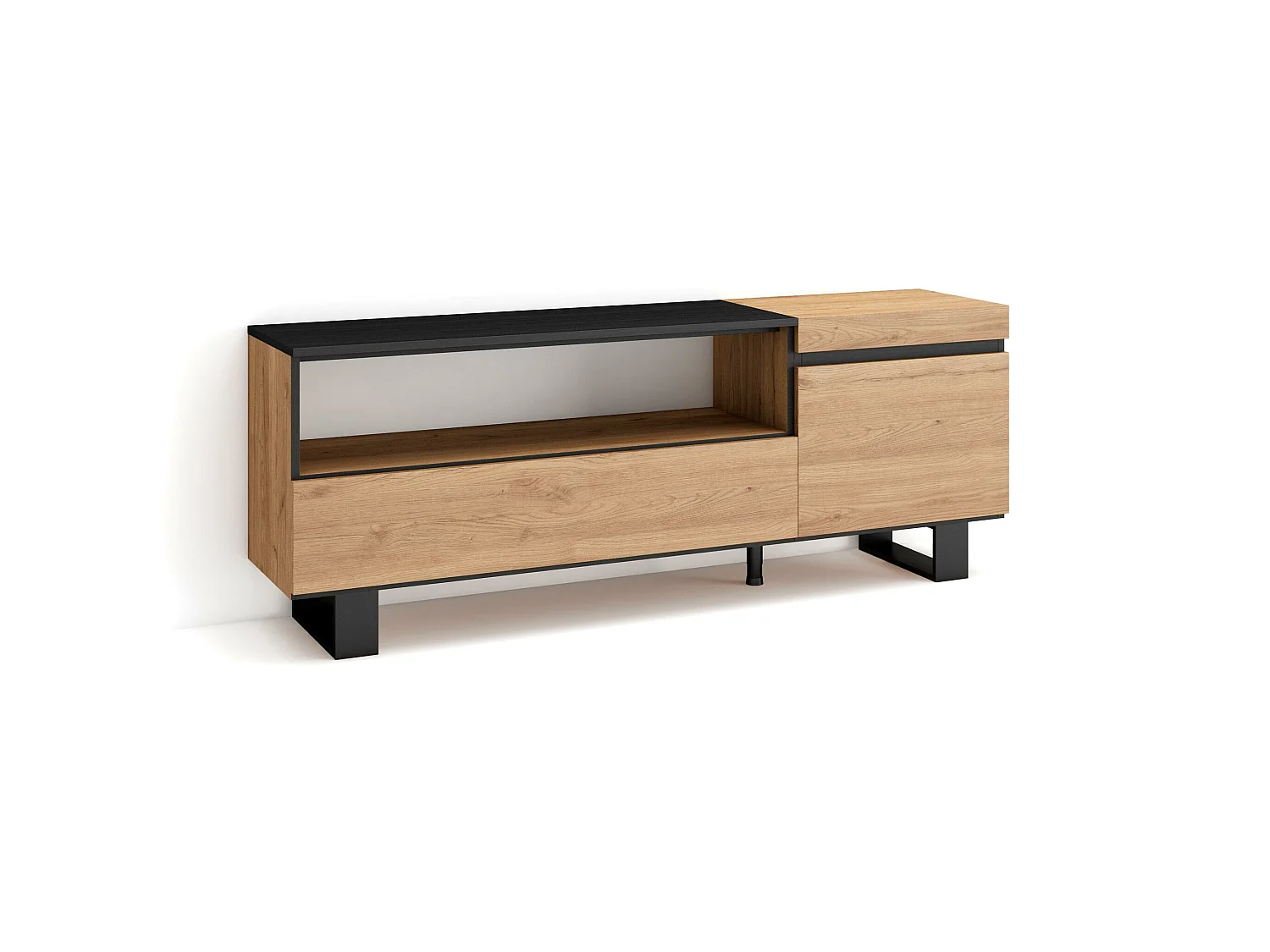 Meuble TV, Banc Télé, 150x35x57cm, Pour les TV jusqu'à 65", Design industriel, Chêne et noir