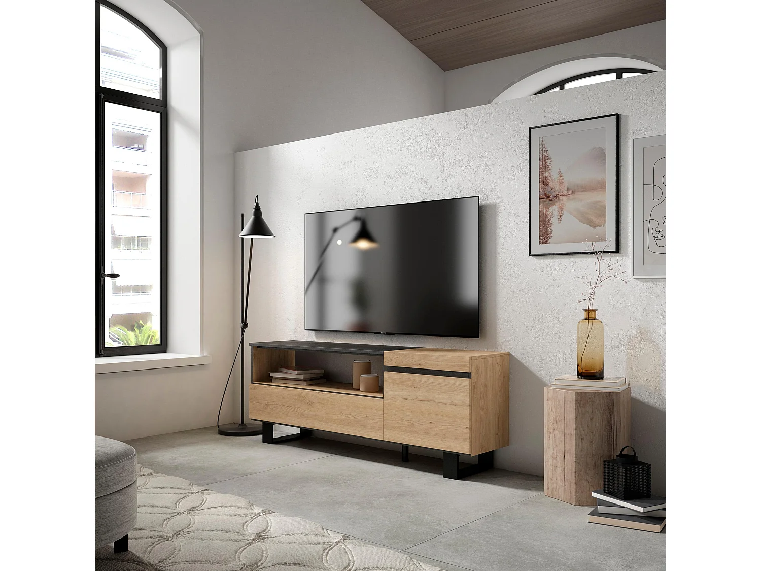 Meuble TV, Banc Télé, 150x35x57cm, Pour les TV jusqu'à 65", Design industriel, Chêne et noir