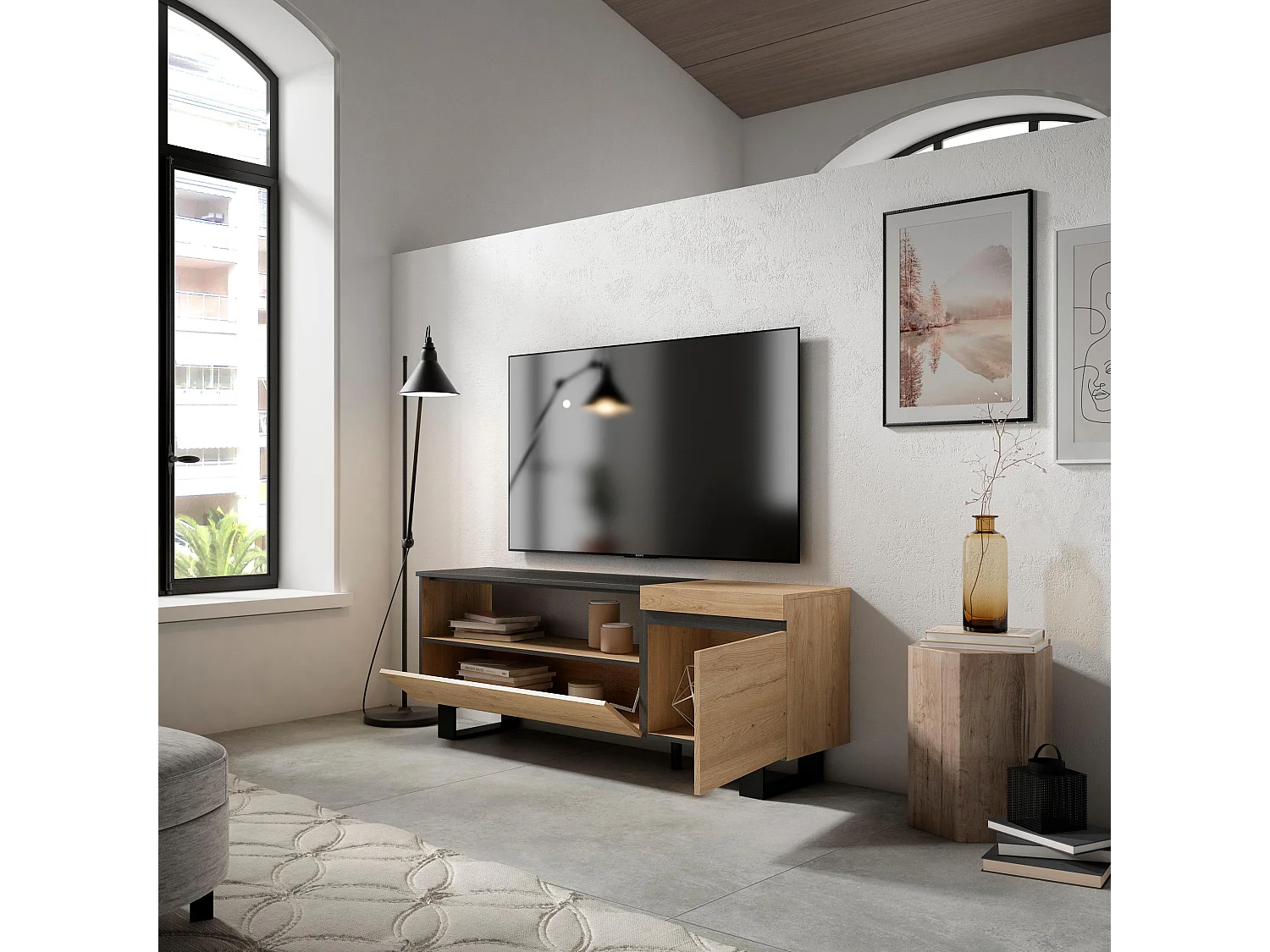 Meuble TV, Banc Télé, 150x35x57cm, Pour les TV jusqu'à 65", Design industriel, Chêne et noir