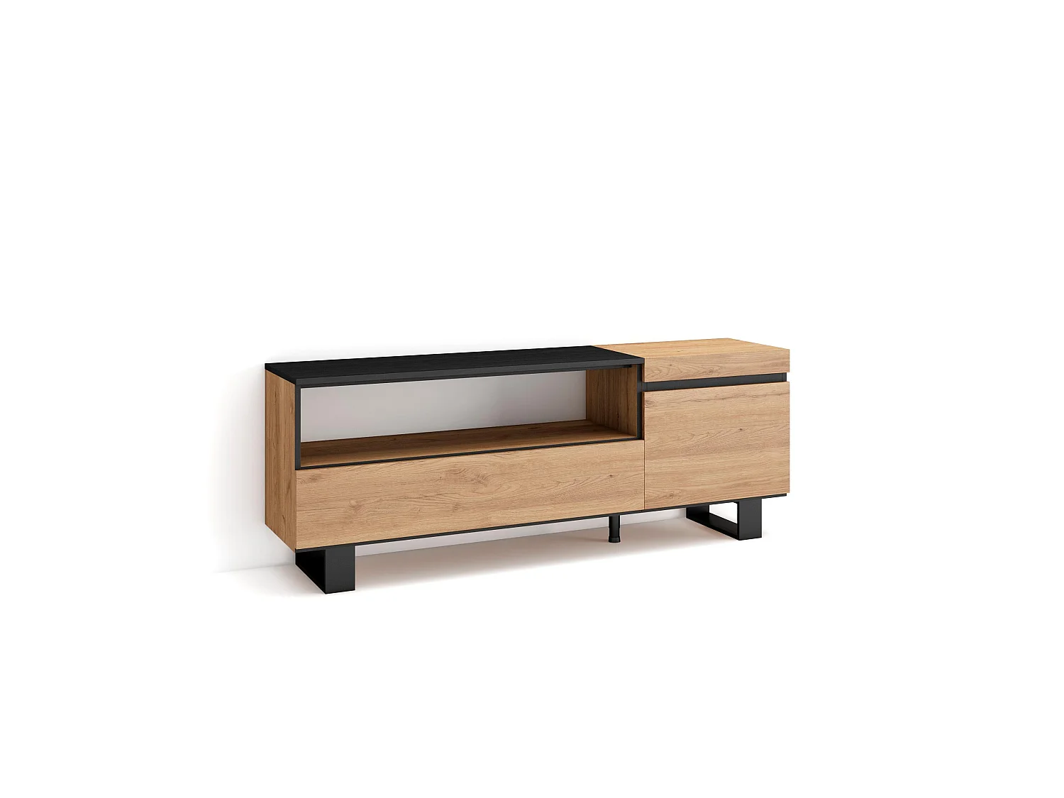 TV-Meubel, Lowboard, 150x35x57cm, Voor tv's tot 65", Industrieel design, Eiken/Zwart