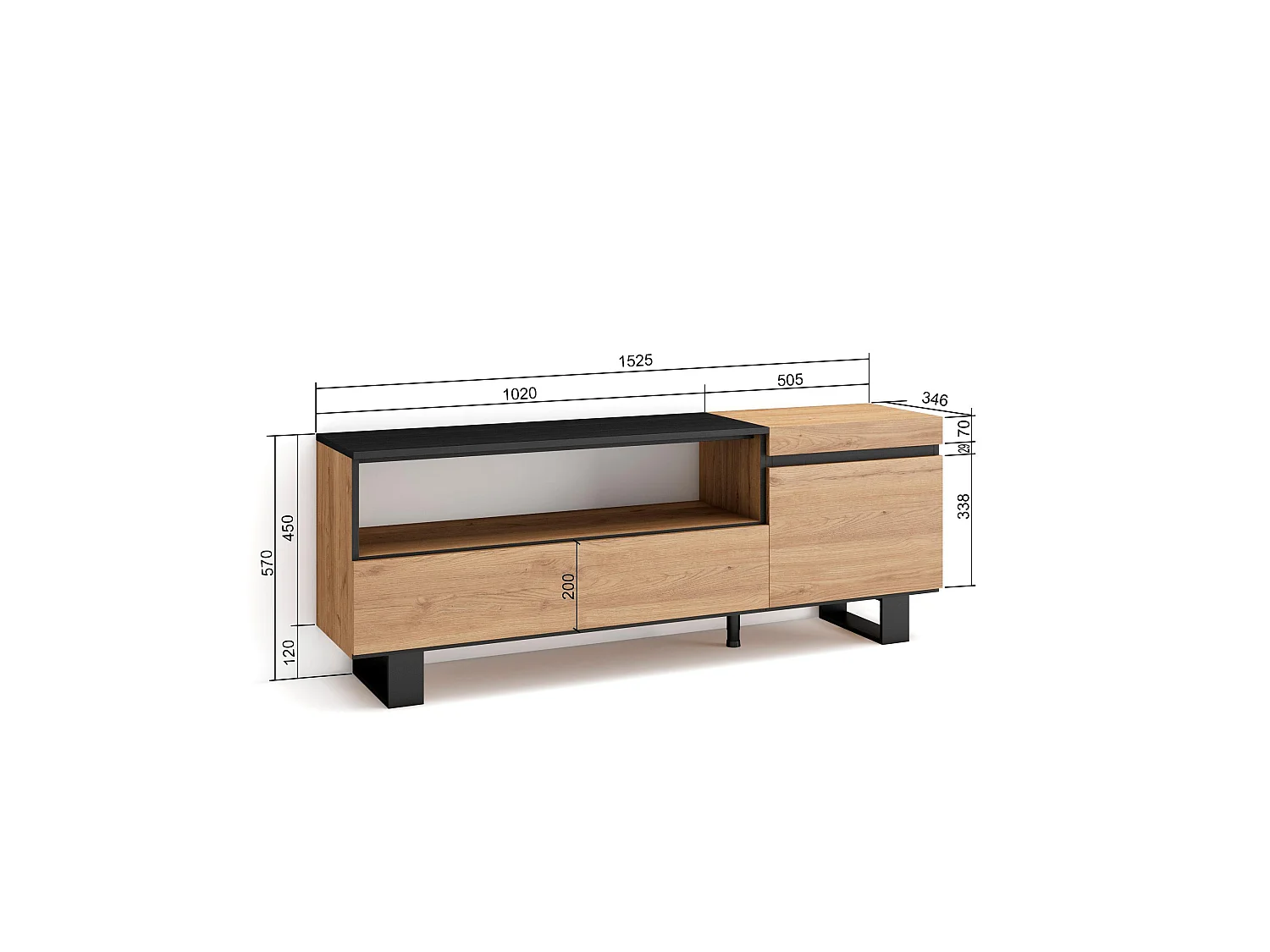 TV-Meubel, Lowboard, 150x35x57cm, Voor tv's tot 65", Industrieel design, Eiken/Zwart