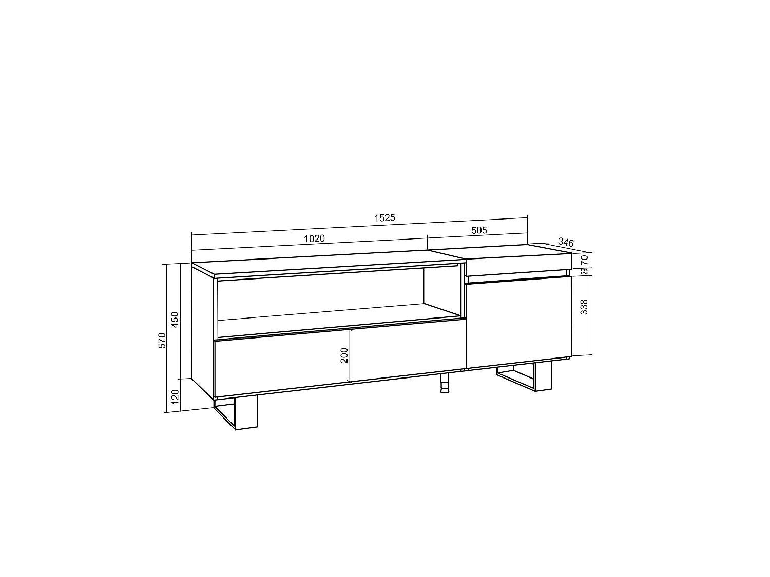 TV-Meubel, Lowboard, 150x35x57cm, Voor tv's tot 65", Industrieel design, Eiken/Zwart