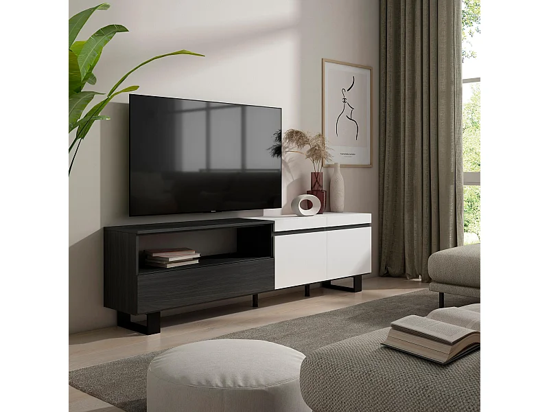 TV-Schrank, Lowboard, 200x35x57cm, Für TV-Geräte bis zu 80", Industriedesign, Weiß und Schwarz