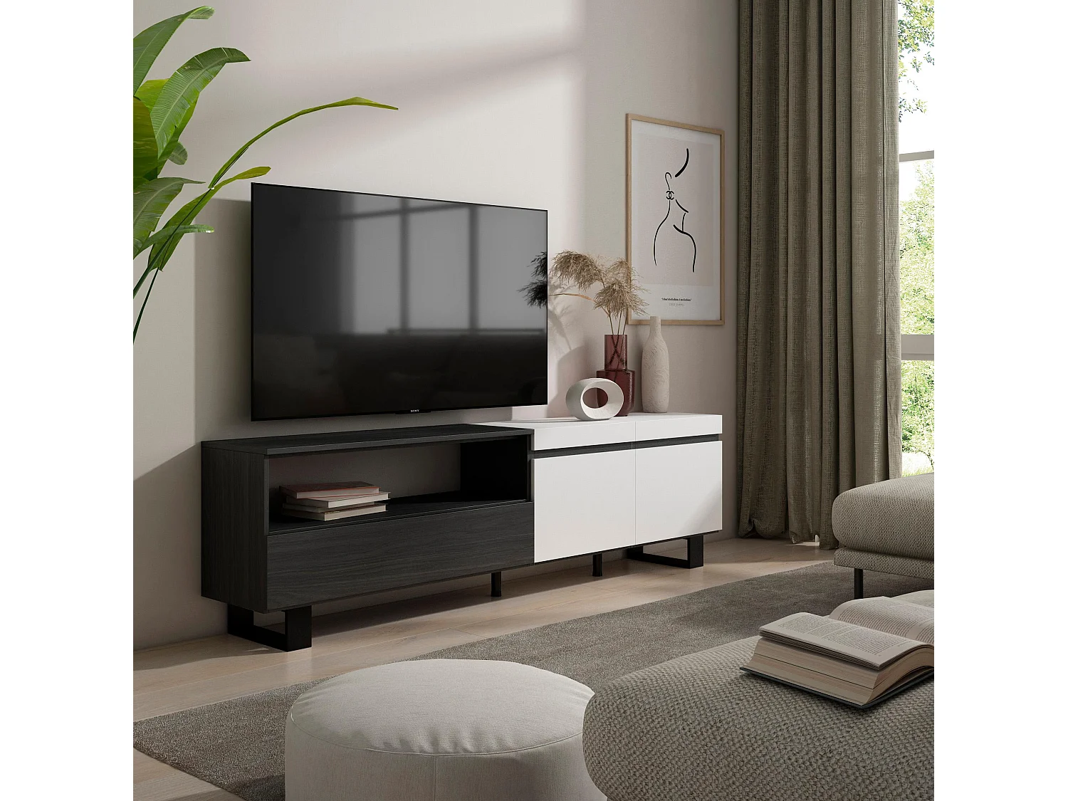 TV-Schrank, Lowboard, 200x35x57cm, Für TV-Geräte bis zu 80", Industriedesign, Weiß und Schwarz