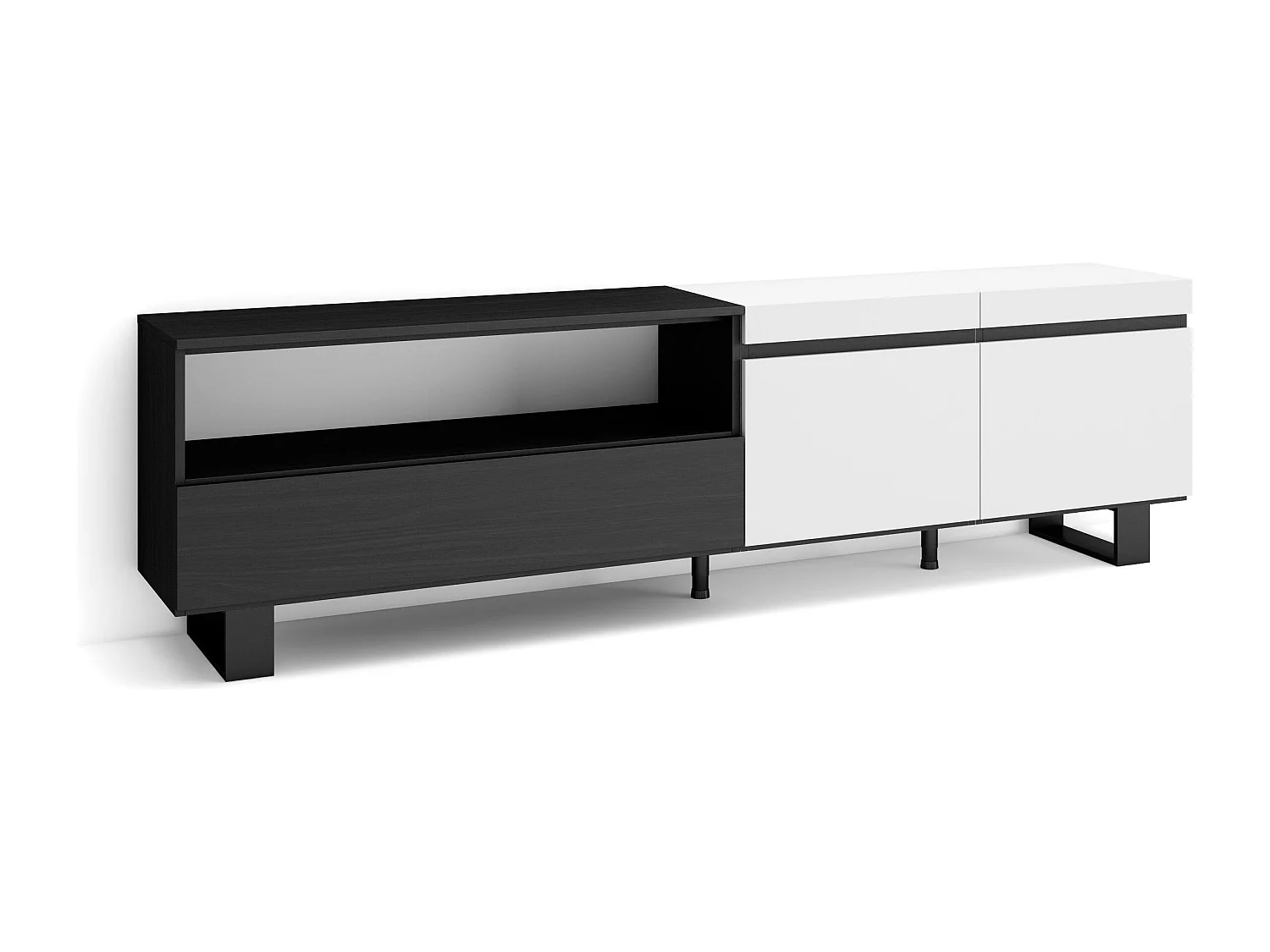 TV-Schrank, Lowboard, 200x35x57cm, Für TV-Geräte bis zu 80", Industriedesign, Weiß und Schwarz