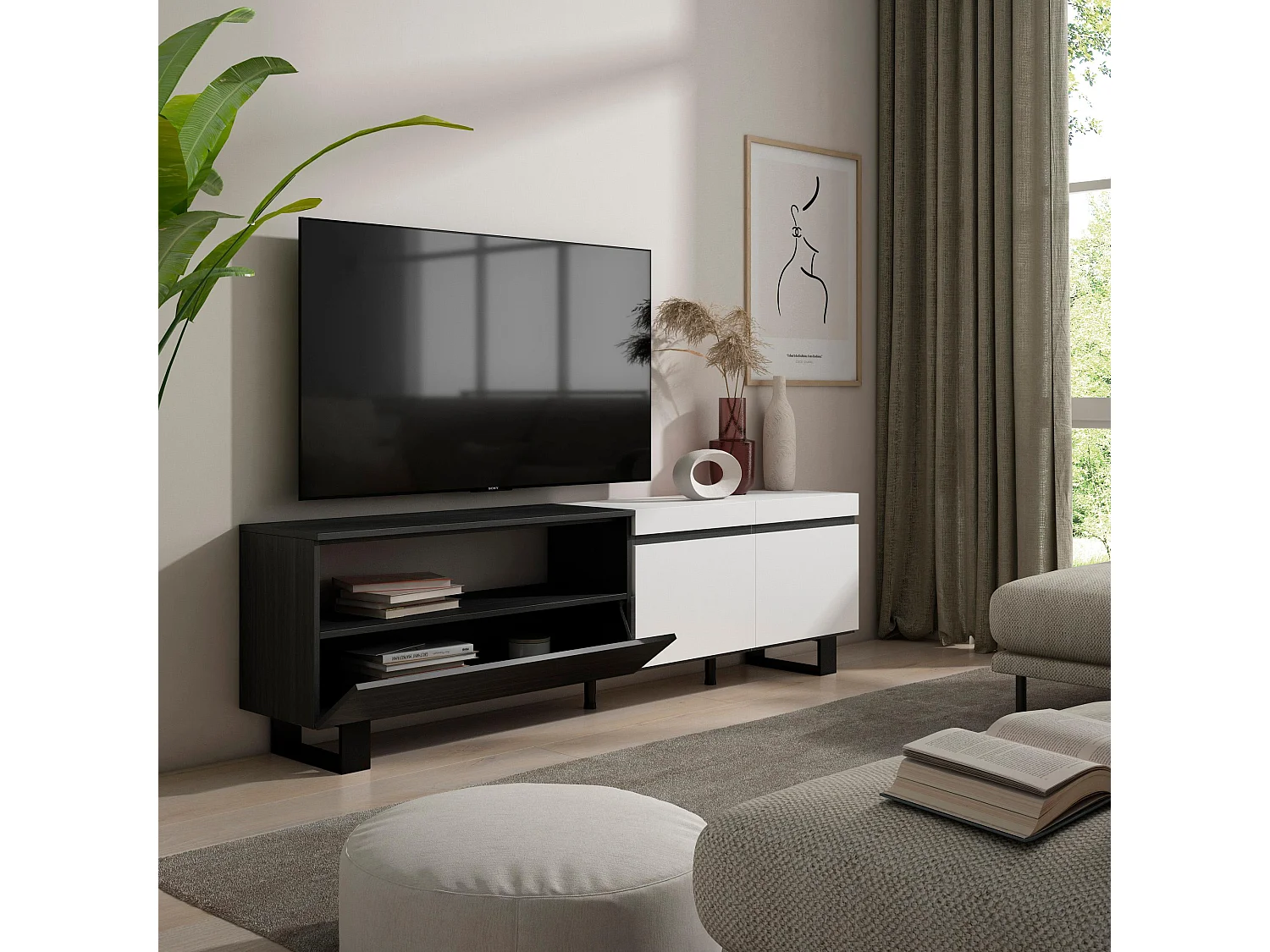 TV-Schrank, Lowboard, 200x35x57cm, Für TV-Geräte bis zu 80", Industriedesign, Weiß und Schwarz