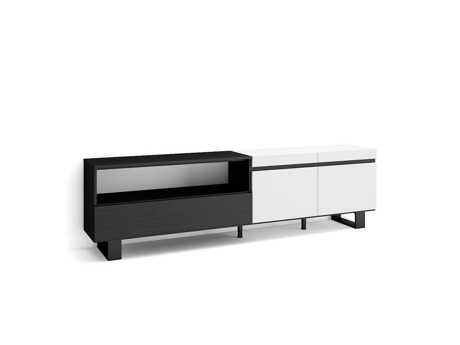 TV-Meubel, Lowboard, 200x35x57cm, Voor tv's tot 80", Industrieel design, Wit en Zwart