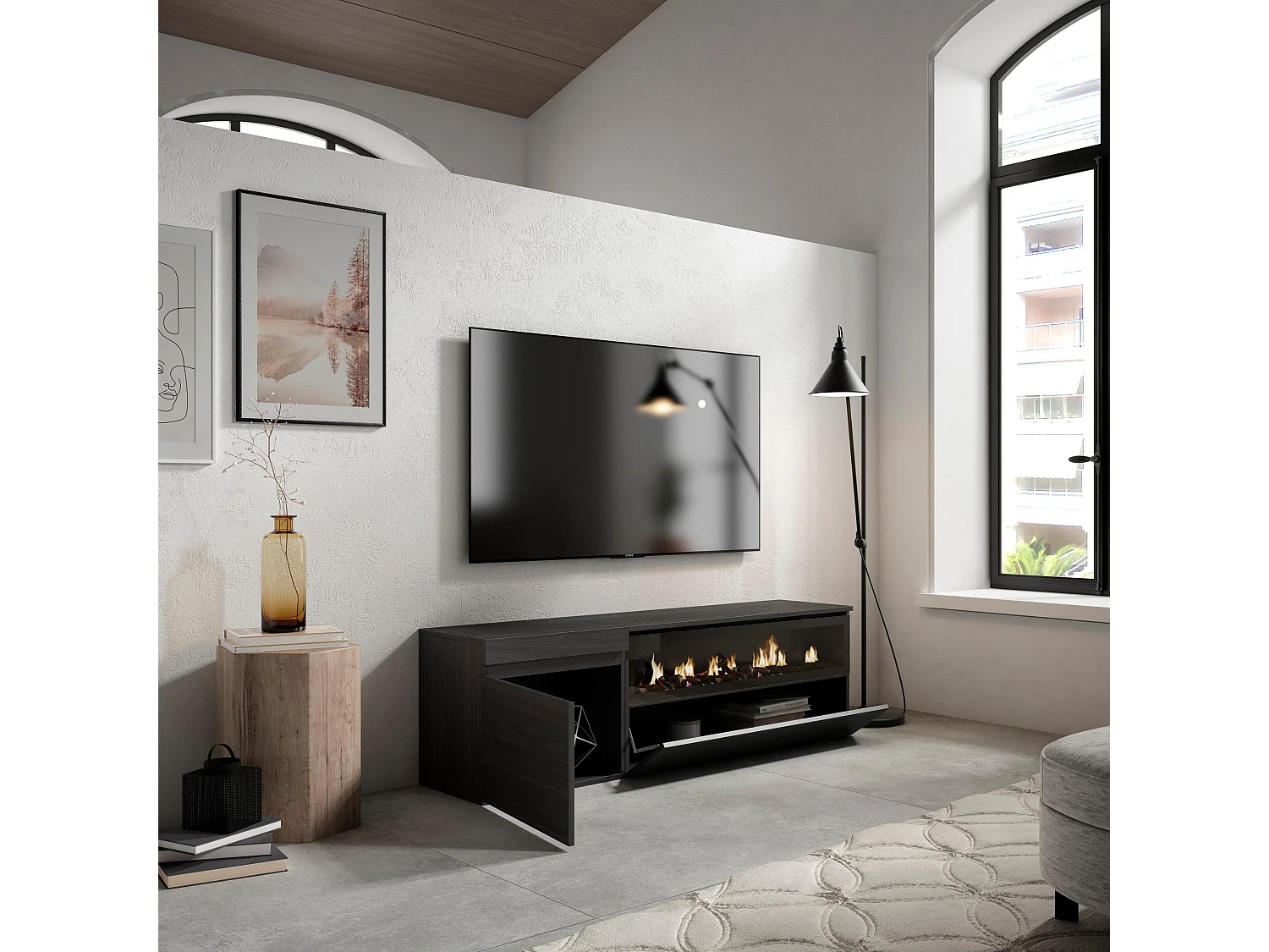 Meuble TV, Banc Télé, 150x35x45cm, Pour les TV jusqu'à 65", Cheminée électrique, Noir