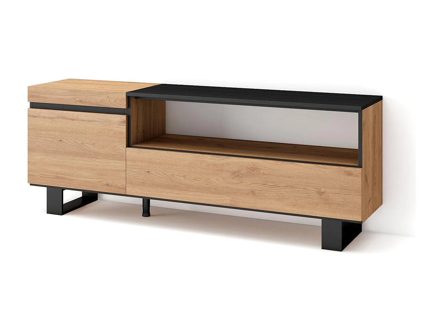 Mueble TV, Televisión, 150x35x57cm, Para TV hasta 65", Diseño industrial, Roble y negro