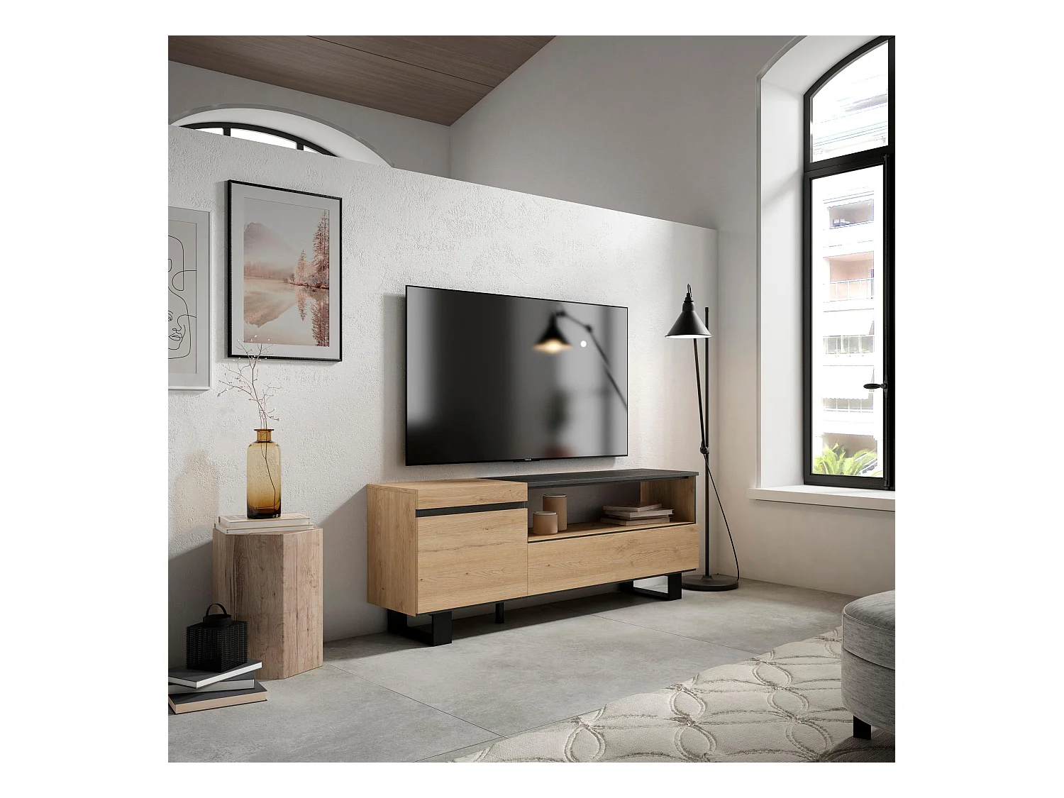 Meuble TV, Banc Télé, 150x35x57cm, Pour les TV jusqu'à 65", Design industriel, Chêne et noir