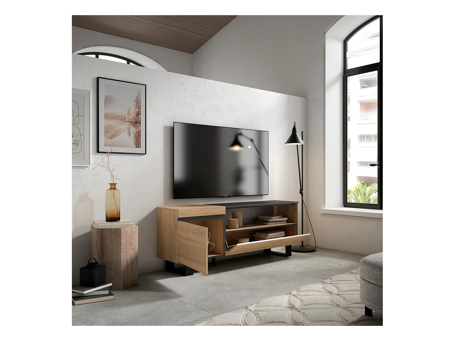 Meuble TV, Banc Télé, 150x35x57cm, Pour les TV jusqu'à 65", Design industriel, Chêne et noir
