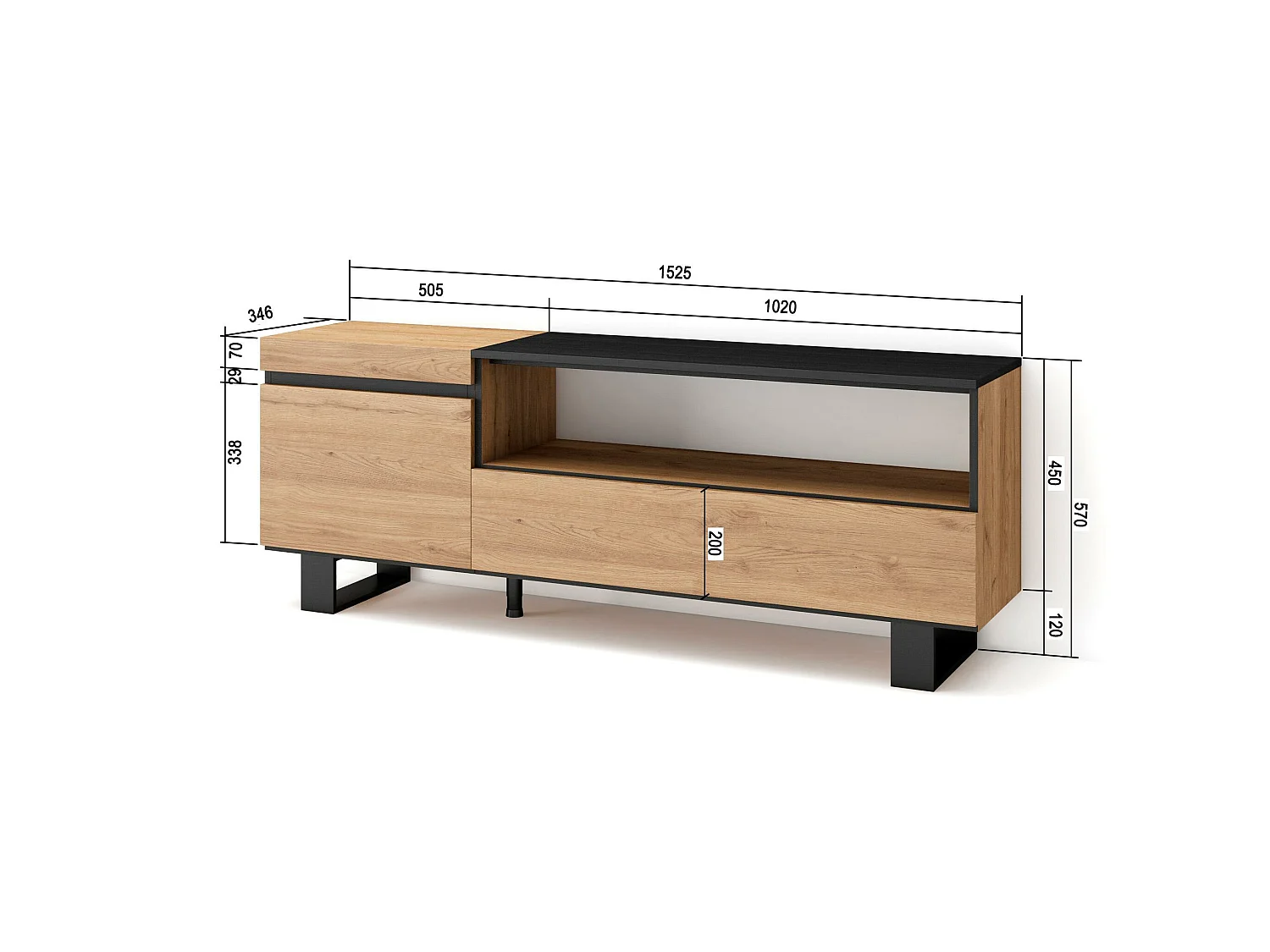 Meuble TV, Banc Télé, 150x35x57cm, Pour les TV jusqu'à 65", Design industriel, Chêne et noir