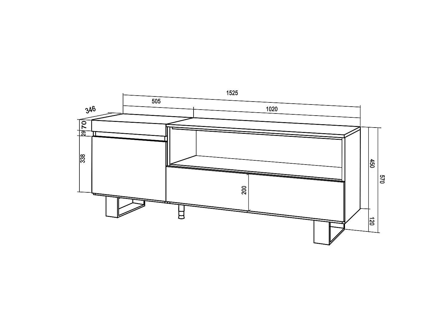 Meuble TV, Banc Télé, 150x35x57cm, Pour les TV jusqu'à 65", Design industriel, Chêne et noir